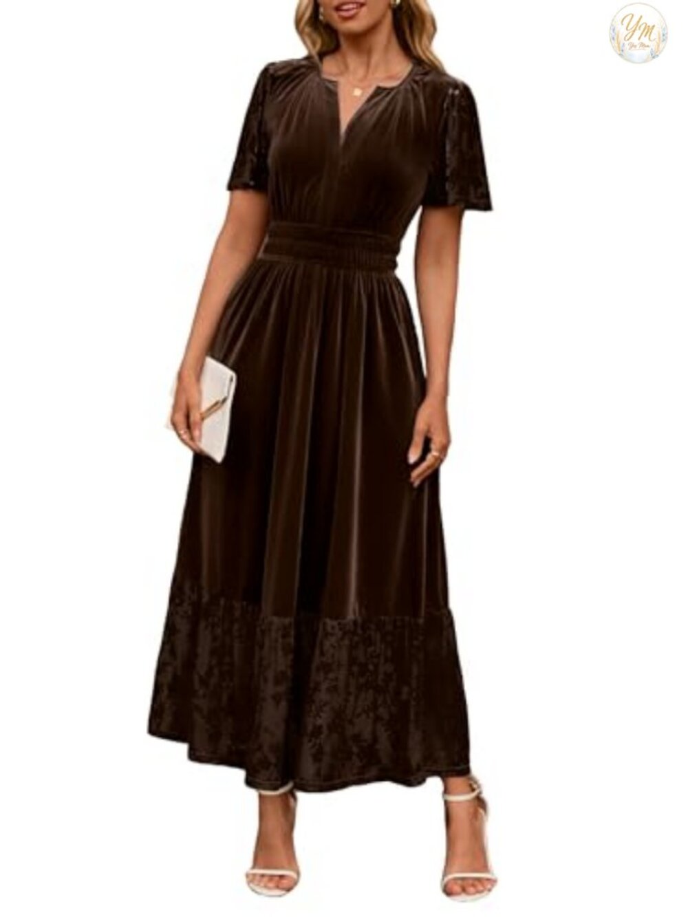 Velvet Maxi Dress V Neck Floral Short Sleeve Formal Wedding Guest